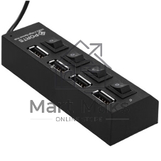 Разветвитель USB2.0 Gembird 4xUSB, блок питания 2А, подсветка и выкл, кабель USB 55 см, черный