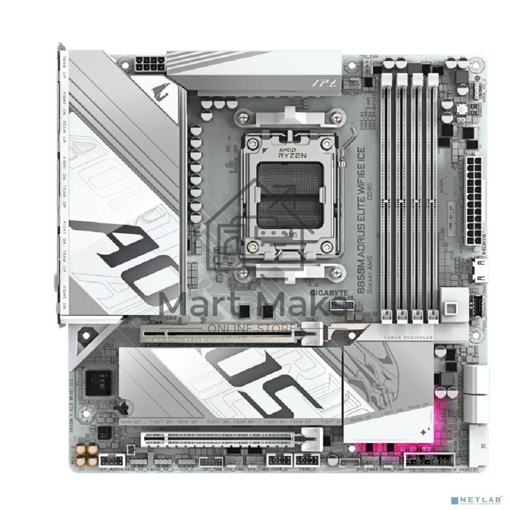 Материнская плата Gigabyte B850M AORUS ELITE WIFI6E ICE, AM5, AMD B850, 4xDDR5, 4xSATA, 2xM.2, 1xPCIe 5.0 x16, 1xPCIe 3.0 x4, 1xDP, 1xHDMI, 1x2.5Gb LAN, Wi-Fi 6E, Bluetooth 5.3, 2xUSB-A 10Gbps (Gen2), 5xUSB-A 5Gbps, 4xUSB-A 2.0, 1xUSB-C 10Gbps (Gen2), 2x3