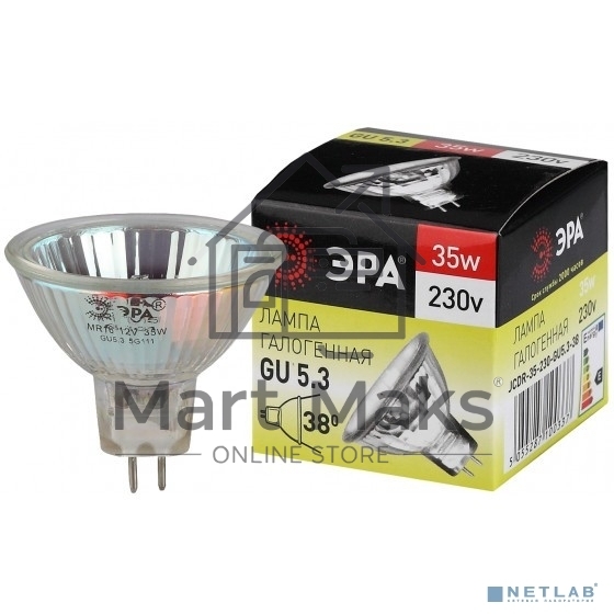 Лампа галогенная ЭРА GU5.3-JCDR (MR16) -35W-230V-Cl(10/200/6000)