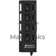 Разветвитель USB2.0 Gembird 4xUSB, блок питания 2А, подсветка и выкл, кабель USB 55 см, черный