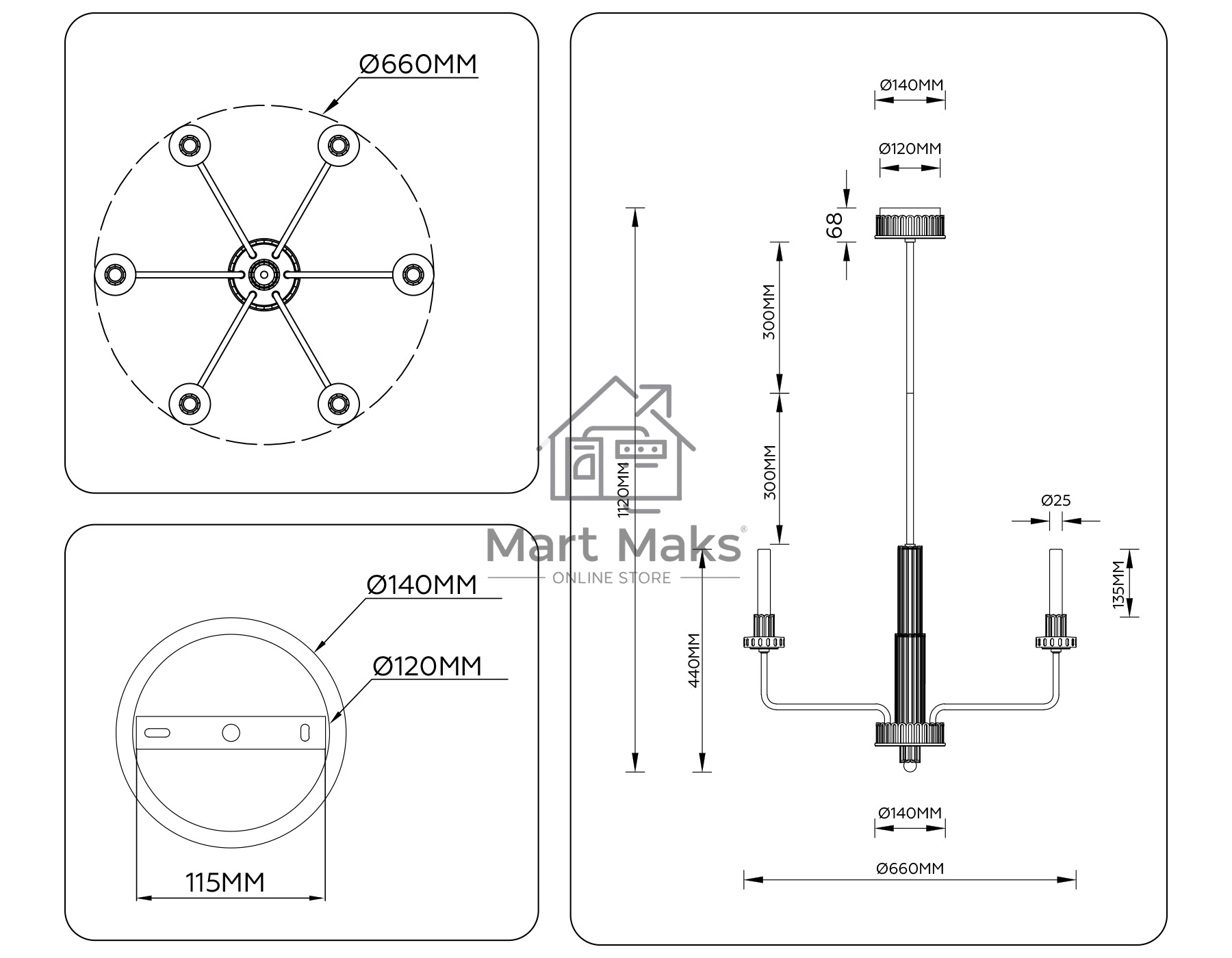 Люстра Ambrella light LH53124/6 GD/WH/GB золото/белый/серо-синий 10W 3000K D660*1120