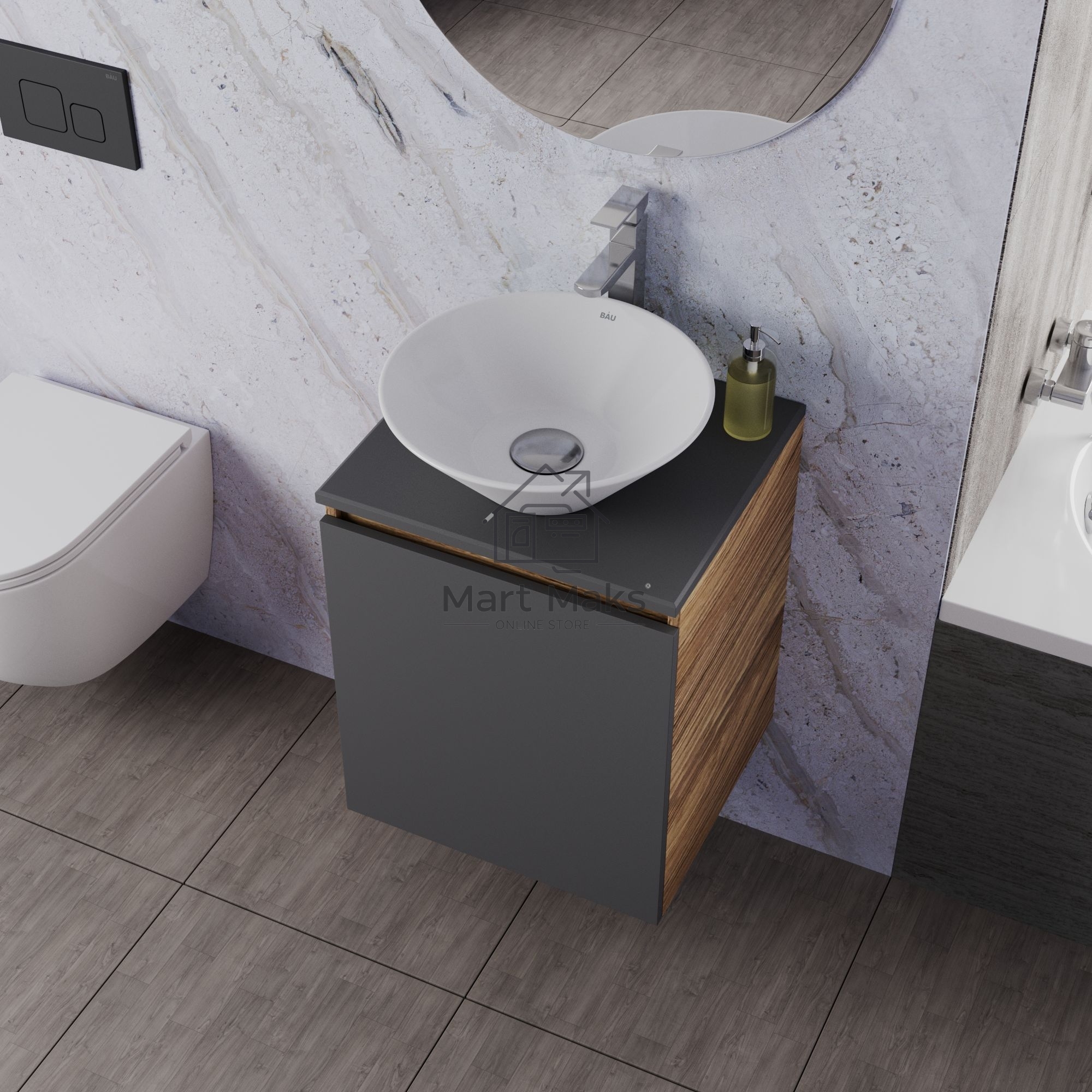 Тумба Bau Dream Blackwood 50 графит, раковина BAU Dream D43, смеситель для раковины высокий Hotel Still, нержавеющая сталь, выпуск клик клак, хром