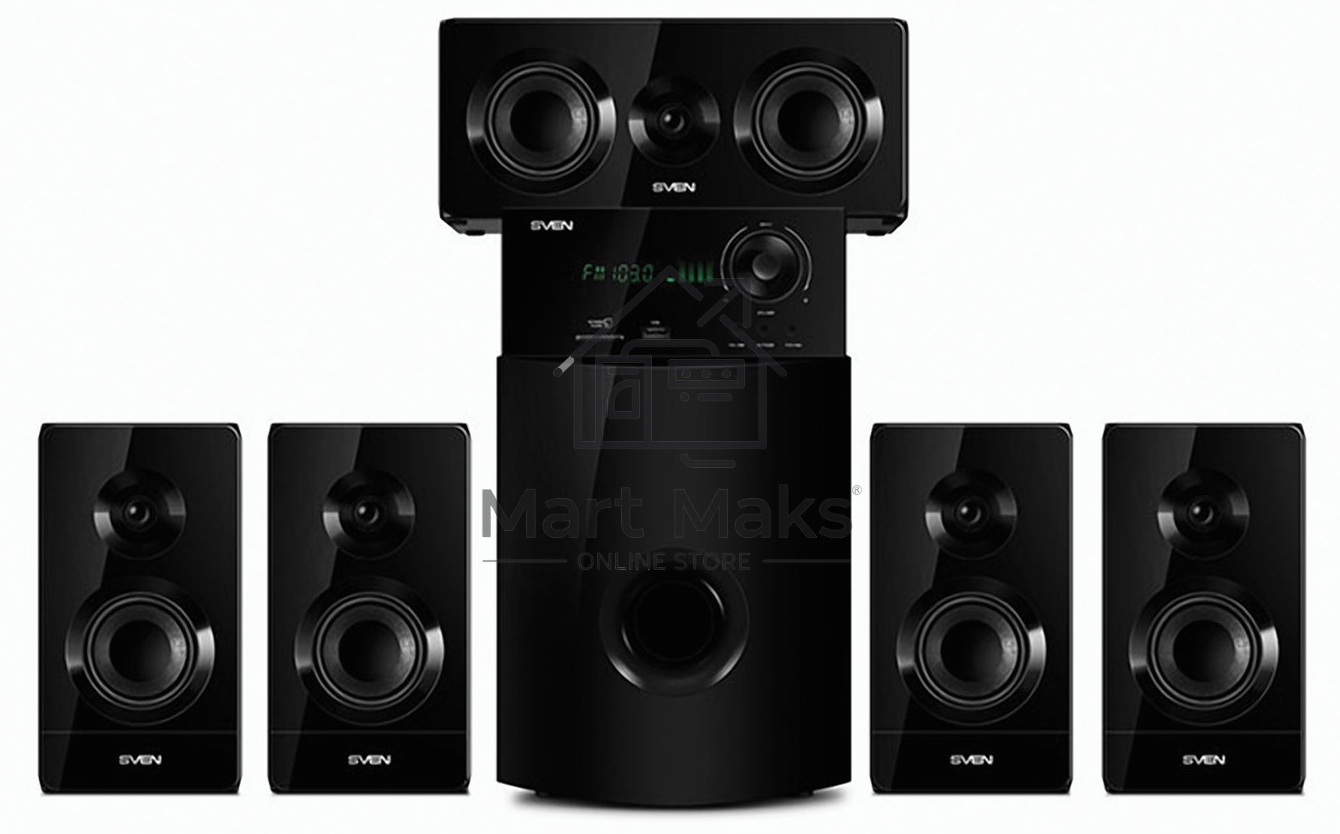 Аудиоколонки SVEN HT-210, черный, акустическая система 5.1, мощность (RMS):50Вт+5x15Вт, Bluetooth, Optical, Coaxial, FM-тюнер, USB/SD, дисплей, ПДУ