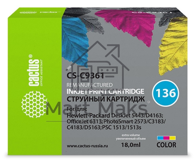 Картридж струйный Cactus CS-C9361 №136 трехцветный (18 мл.) для HP DJ 5443/D4163/DJ 6313/PS 2573/C3183/C4183/D5163/1513/1513s