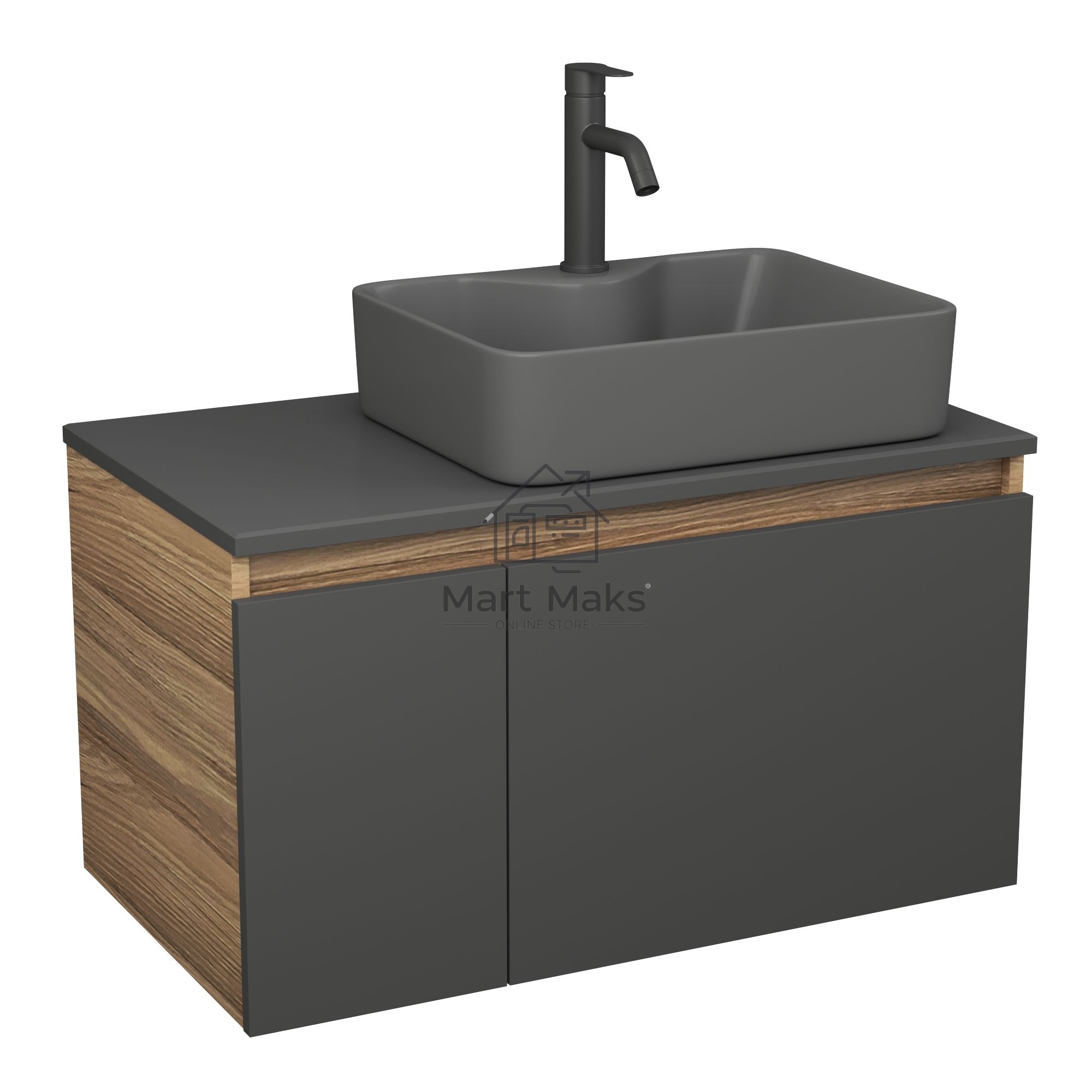 Комплект: тумба Bau Dream Blackwood графит 80, раковина BAU Cerama 48х37, темно-серая, смеситель Hotel Dream Black, черный матовый
