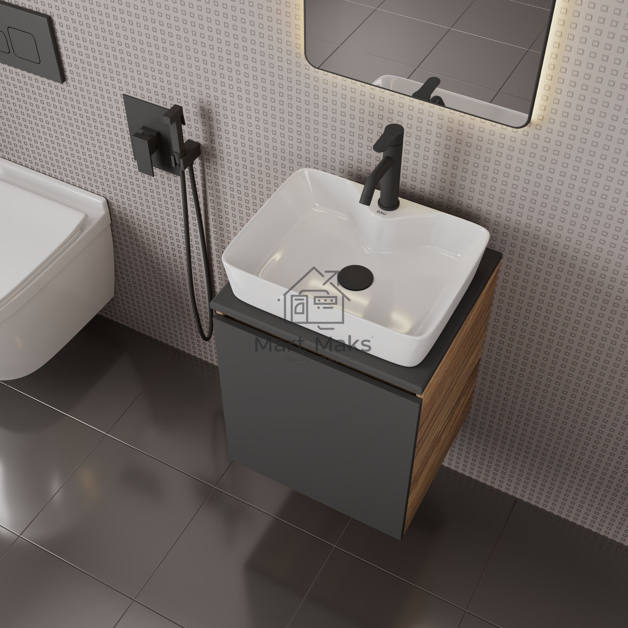 Тумба Bau Dream Blackwood 50 графит, раковина BAU Cerama 48х37 белая, смеситель Hotel Dream Black, нерж. сталь, черный, выпуск клик клак черный
