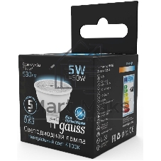 Лампа светодиодная Gauss черный 5Вт цок.: GU5.3 рефлектор 220B 4100K св. свеч. белый ней. MR16 (упак.: 10 шт)