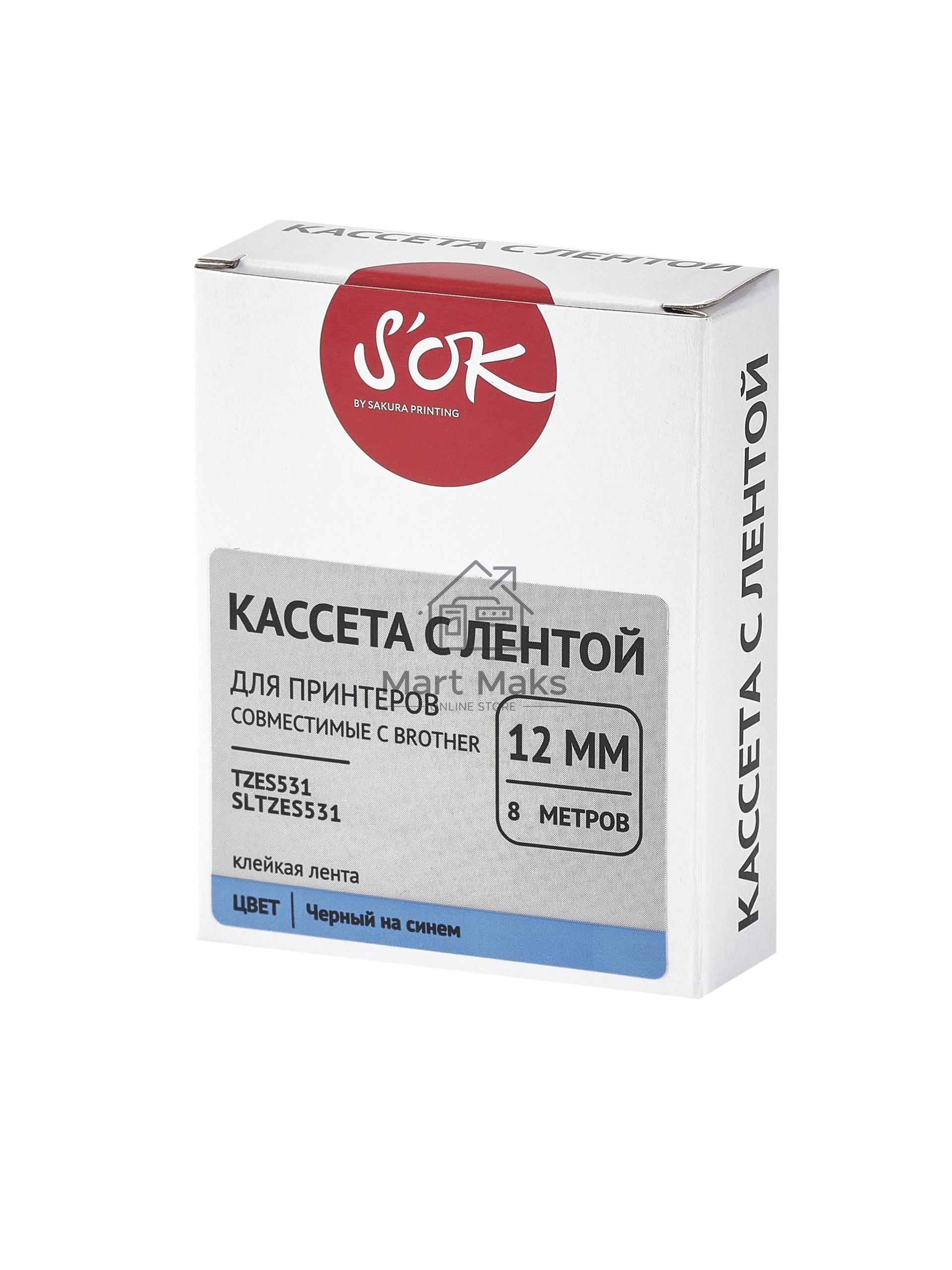 Кассета с лентой S'OK by Sakura Printing TZES531 для Brother, черный на синем, 12мм/8м, наклейка