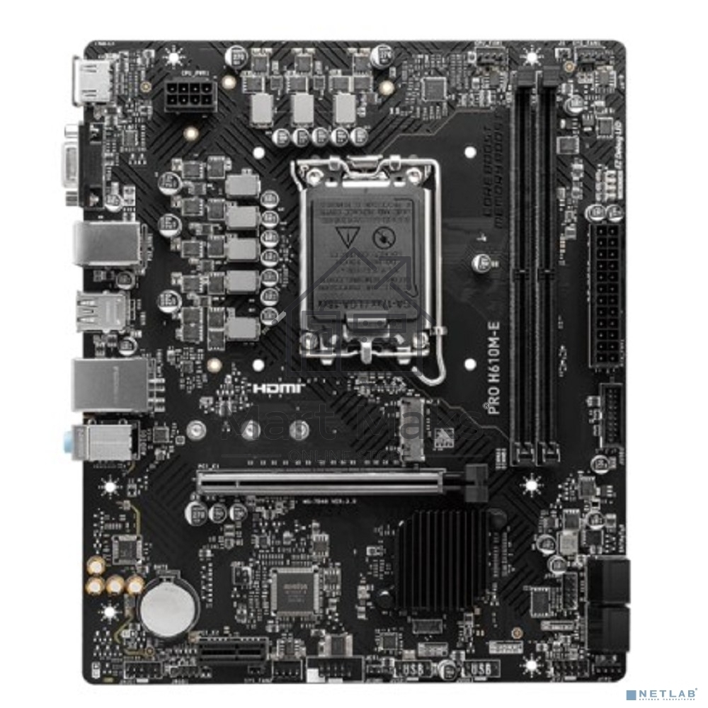 Материнская плата MSI PRO H610M-E, LGA 1700, Intel H610, 2xDDR5, 4xSATA, 1xM.2, 1xPCIe 4.0 x16, 1xPCIe 4.0 x1, 1xHDMI, 1xVGA, 1xRJ45 1Gb, 2xUSB-A 3.2 Gen 1, 4xUSB-A 2.0, 3x3.5мм, 7.1, mATX