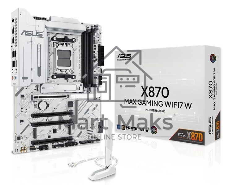 Материнская плата ASUS X870 MAX GAMING WIFI7 W, AM5, AMD X870, 4xDDR5, 4xSATA, 3xM.2, 1xPCIe 5.0 x16, 2xPCIe 4.0 x16, 1xPCIe 3.0 x16, 1xHDMI, 2xUSB Type-C (Display), 1x2.5Gb LAN, Wi-Fi 7, Bluetooth 5.4, 2xUSB-C 40Gbps, 1xUSB-A 10Gbps, 3xUSB-A 5Gbps, 4xUSB