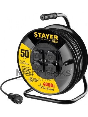 Удлинитель силовой Stayer 55076-50 3x2.5кв.мм 4розет. 50м КГ катушка черный