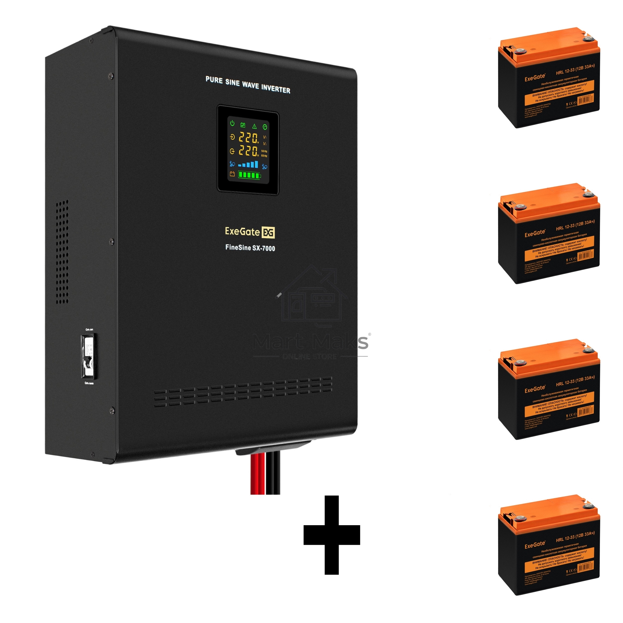 Комплект источника бесперебойного питания Exegate EX296005RUS + батарея 33Aч EX285664RUS 4шт (инвертор, синус, для котла, настенный) ExeGate FineSine SX-7000.LCD.AVR.2SH.T <7000VA/5000W, чистая синусоида, цветной LCD-дисплей, AVR, 2*Schuko+клеммы, линейно