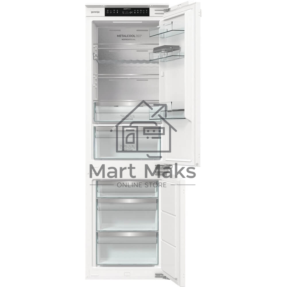 Встраиваемый холодильник Gorenje NRKI517E82WF, полезный объем 244 л, электронное управление, цифровой дисплей, автоматическое размораживание No Frost, быстрое замораживание, интенсивное охлаждение, зона свежести с контролем влажности, инверторный компресс