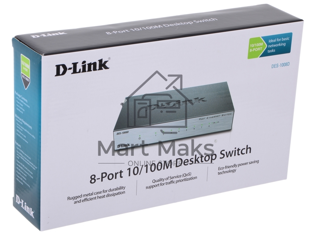 Неуправляемый коммутатор с 8 портами 10/100Base-TX D-Link DES-1008D/(K2A/K3A)RU/J1A/J2A/L2A/L2B