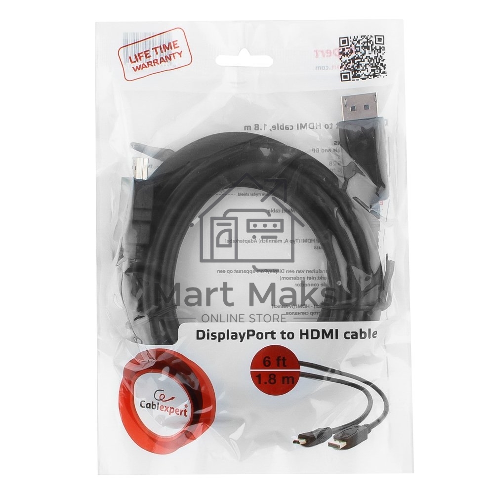 Кабель DisplayPort-HDMI Gembird/Cablexpert 1,8м, 20M/19M, черный, экран, пакет (CC-DP-HDMI-6)