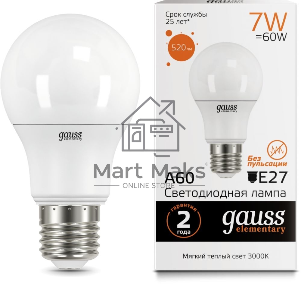 Светодиодная лампа GAUSS 23217A LED Elementary A60 7W E27 520lm 2700K 1/10/100 0