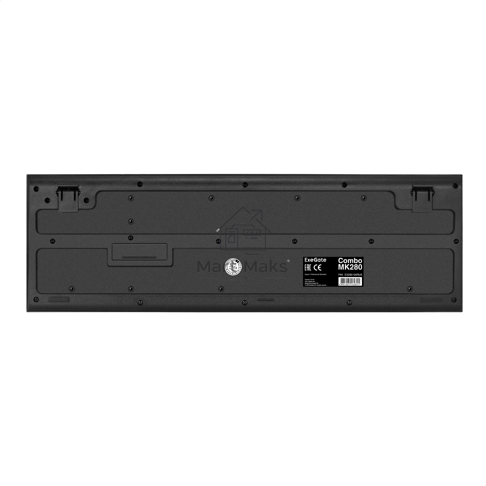 Комплект беспроводной ExeGate Professional Standard Combo MK280 (клавиатура полноразмерная влагозащищенная 104кл. + мышь оптическая 1000dpi, 3 кнопки и колесо прокрутки; USB, радиоканал 2,4 ГГц, радиус действия до 10м, черный, Color Box)