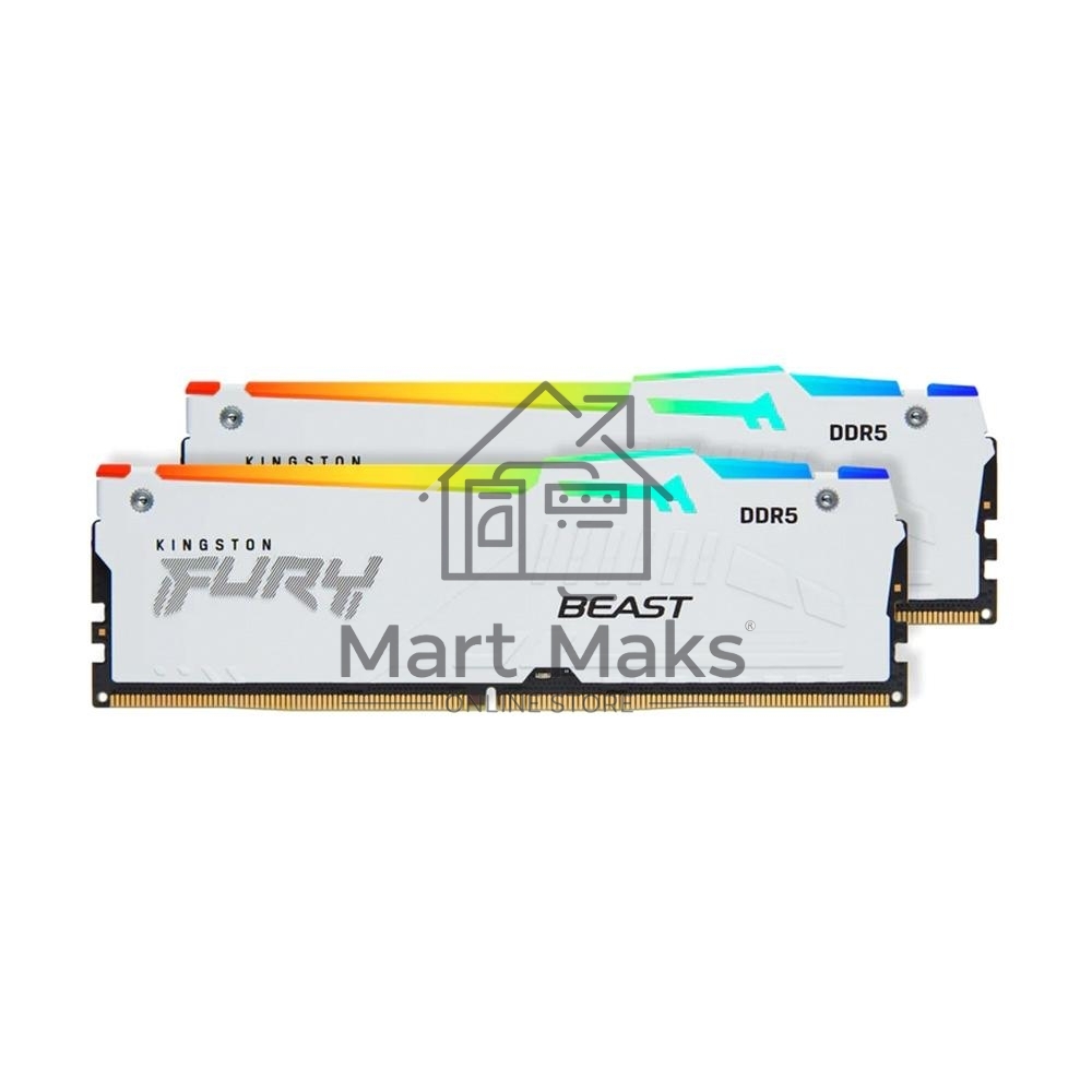 Оперативная память Kingston Fury Beast, DDR5, 32GB (2x16GB), 5200MHz, CL36, DIMM, с радиаторами, RGB, белый