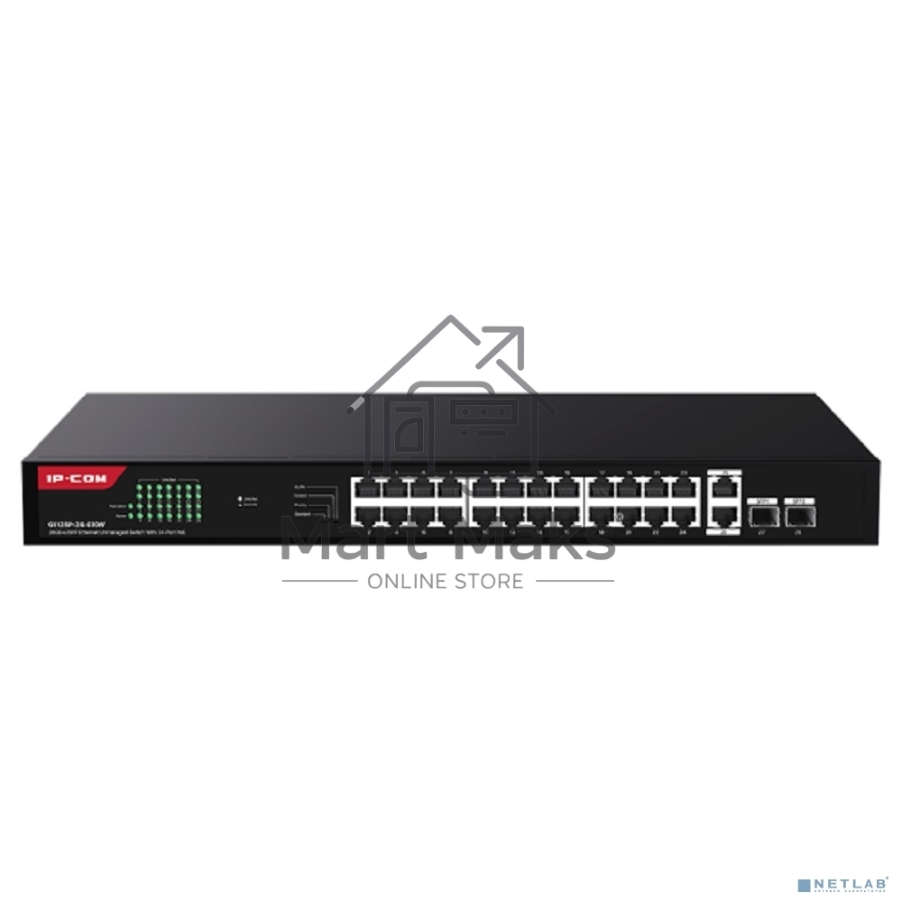 Коммутатор неуправляемый IP-COM G1128P-24-410W PoE, 28 портов, 26x1 Гбит/с, SFP 2x1 Гбит/с, PoE 24x30 Вт (до 370 Вт)