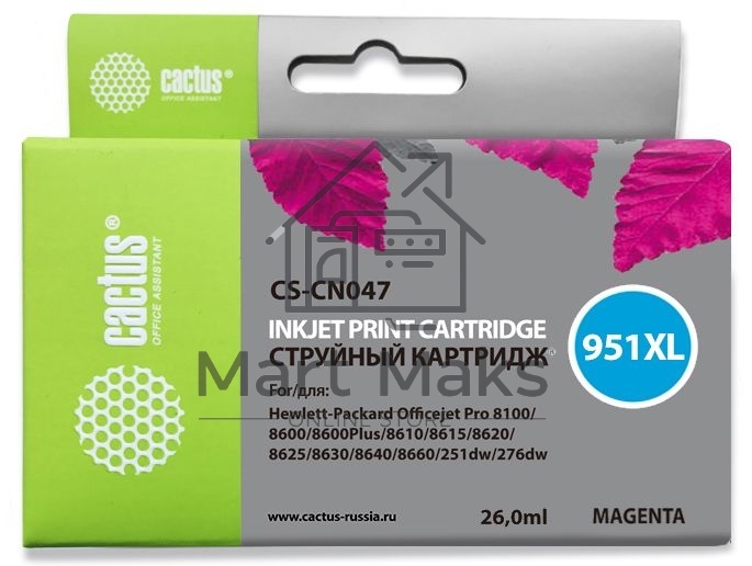 Картридж струйный Cactus CS-CN047 №951 пурпурный (26 мл) для HP OfficeJet 251dw Pro, 276dw Pro, 8100 Pro, 8100e, 8600 Pro (N911a), 8600 Pro Plus (N911g), 8610 Pro (A7F64A), 8615 Pro, 8616 Pro, 8620 Pro