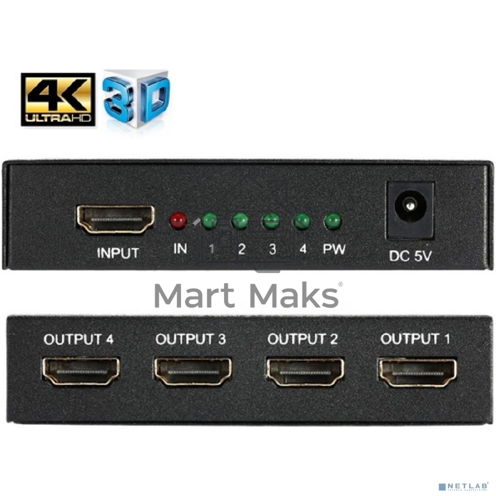 Разветвитель HDMI HDMI 4K Splitter Orient HSP0104H, 1->4, HDMI 1.4b/3D, UHDTV 4K(3840x2160)/HDTV1080p/1080i/720p, HDCP1.2, внешний БП 5В/1.5A, метал.