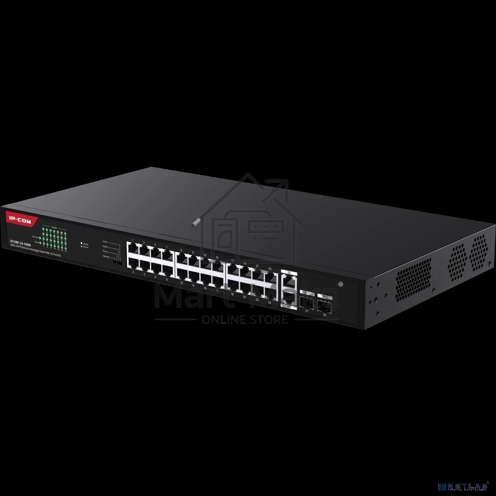 Коммутатор неуправляемый IP-COM G1128P-24-410W PoE, 28 портов, 26x1 Гбит/с, SFP 2x1 Гбит/с, PoE 24x30 Вт (до 370 Вт)