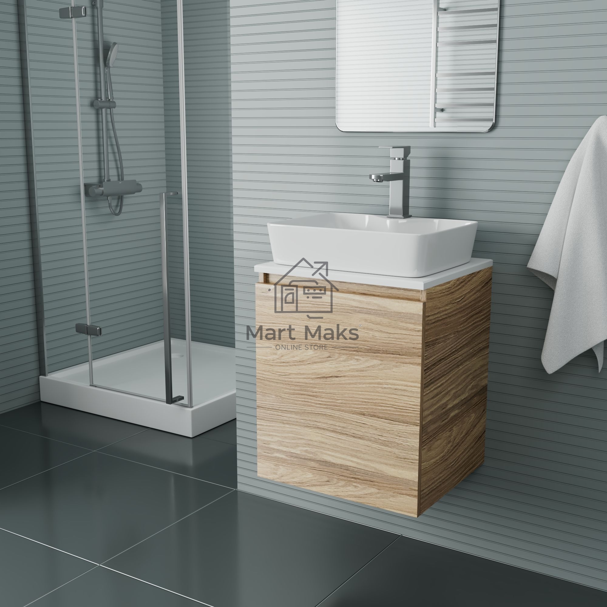 Тумба Bau Dream Blackwood 50 с дверцей, раковина BAU Cerama 48х37 белая, смеситель Hotel Still, нерж. сталь