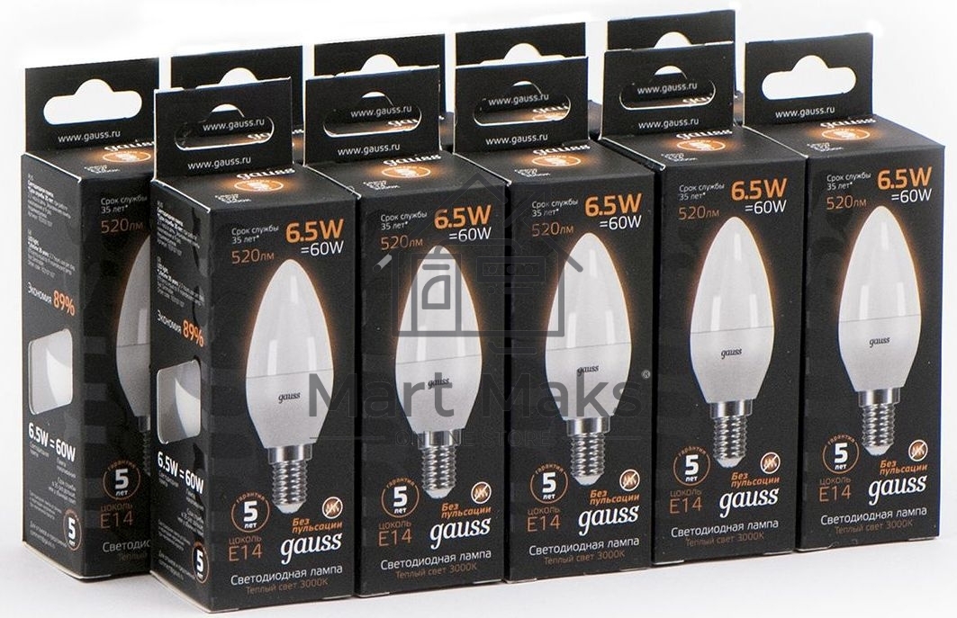 Лампа светодиодная Gauss Black 6.5Вт цок.:E14 свеча 220B 3000K св.свеч.бел.теп. C37 (упак.:10шт) (103101107)