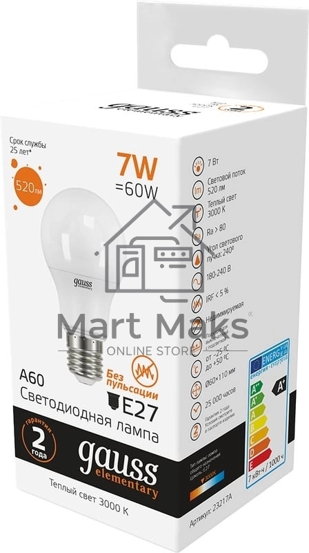 Светодиодная лампа GAUSS 23217A LED Elementary A60 7W E27 520lm 2700K 1/10/100 0