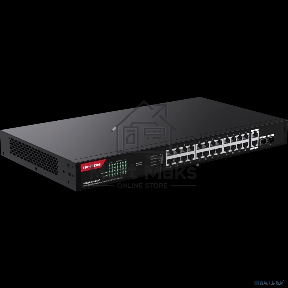 Коммутатор неуправляемый IP-COM G1128P-24-410W PoE, 28 портов, 26x1 Гбит/с, SFP 2x1 Гбит/с, PoE 24x30 Вт (до 370 Вт)