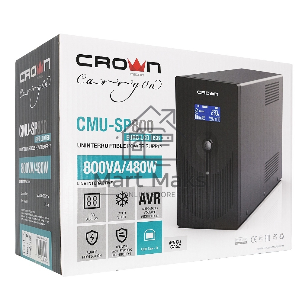 Источник бесперебойного питания CROWN 800VA/450W, металл, 1x12V/9AH, розетки 3*EURO+1*IEC bybass, трансформатор AVR 145-280V, LCD дисплей, съёмный кабель 1.2м, фильтр телефонной и ethernet линии RJ11/45, защита батареи, от перегрузки, от КЗ