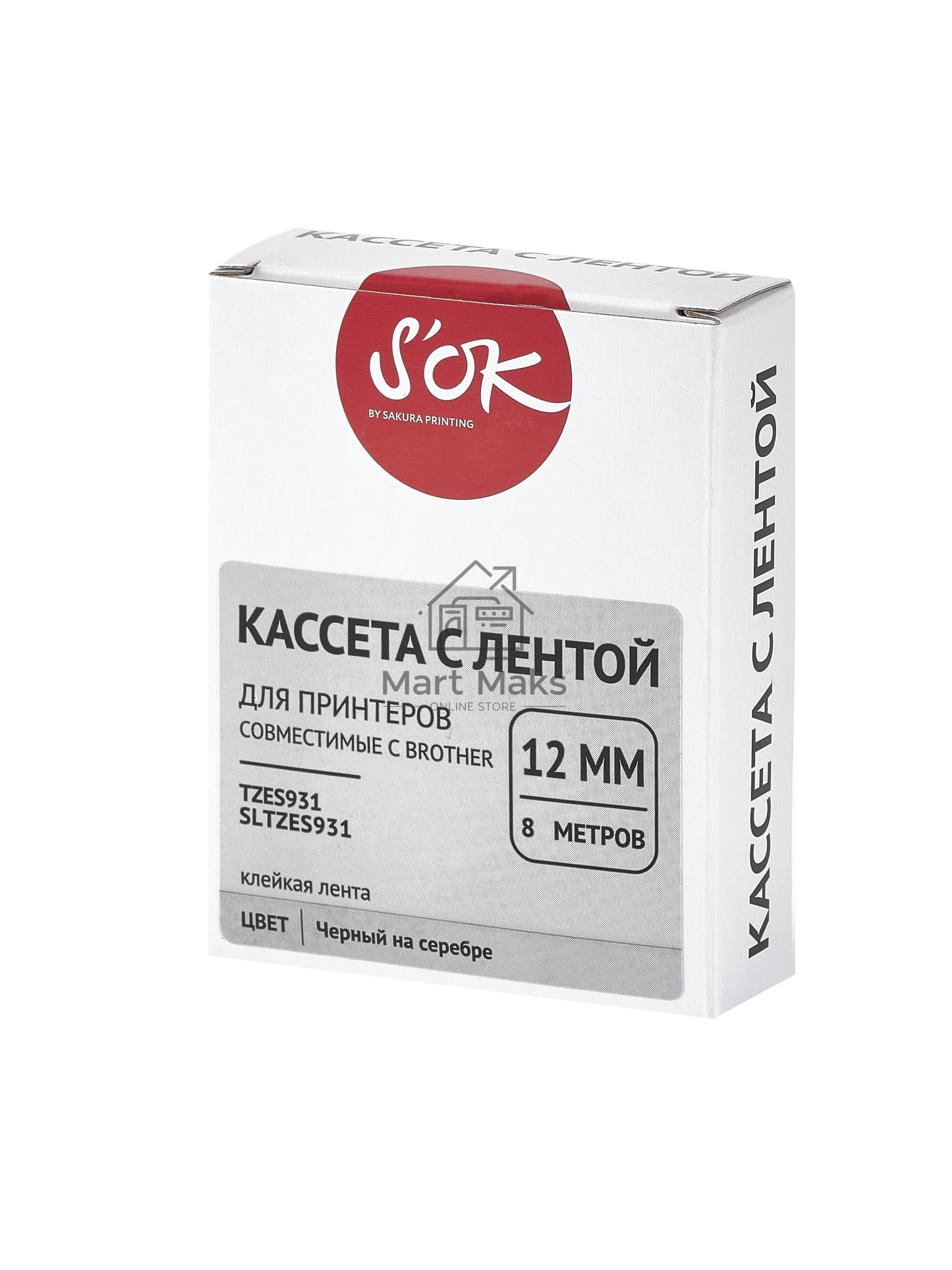 Кассета с лентой S'OK by Sakura Printing TZES931 для Brother, черный на серебре, 12мм/8м, наклейка