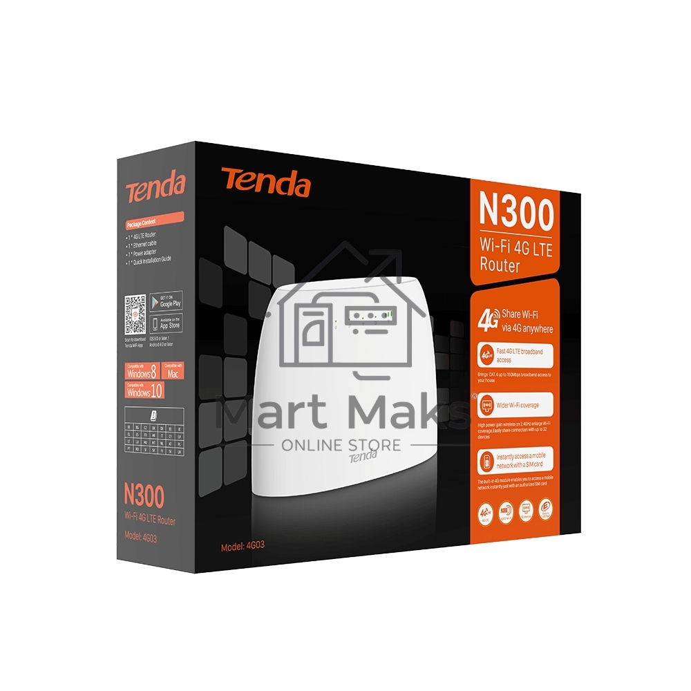 Роутер Tenda 4G03 4G LTE wiFi, 300Мбит/с, поддержка TR069, слот для SIM-карт