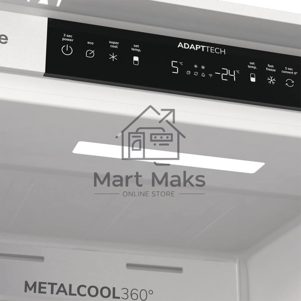 Встраиваемый холодильник Gorenje NRKI517E82WF, полезный объем 244 л, электронное управление, цифровой дисплей, автоматическое размораживание No Frost, быстрое замораживание, интенсивное охлаждение, зона свежести с контролем влажности, инверторный компресс