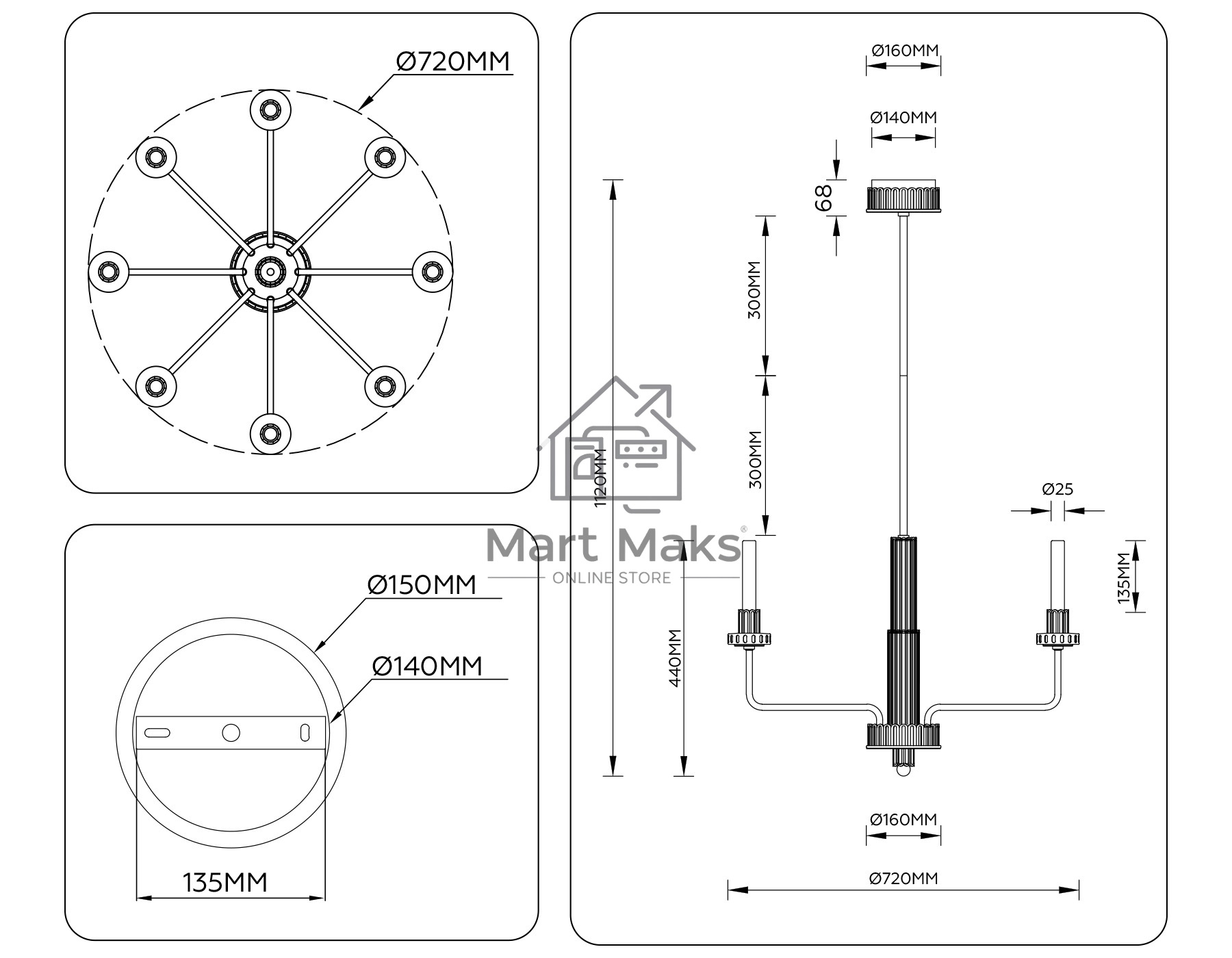 Люстра Ambrella light LH53126/8 GD/WH/GB золото/белый/серо-синий 13W 3000K D720*1120