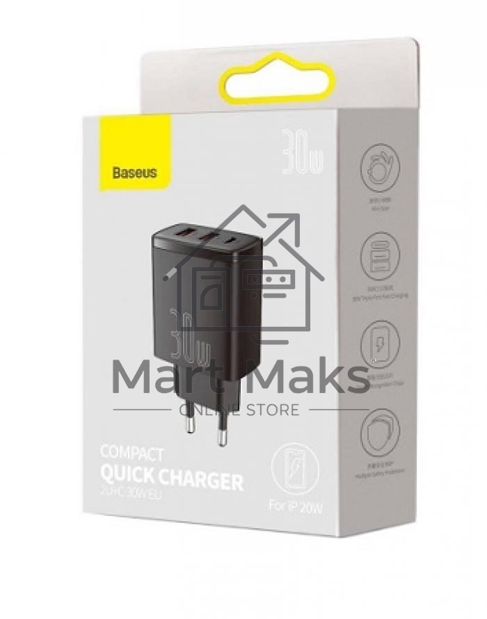 Сетевое зарядное устройство BASEUS Compact Quick Charger, два порта USB, один порт Type-C, 30W, 5V, 3.0A, черный