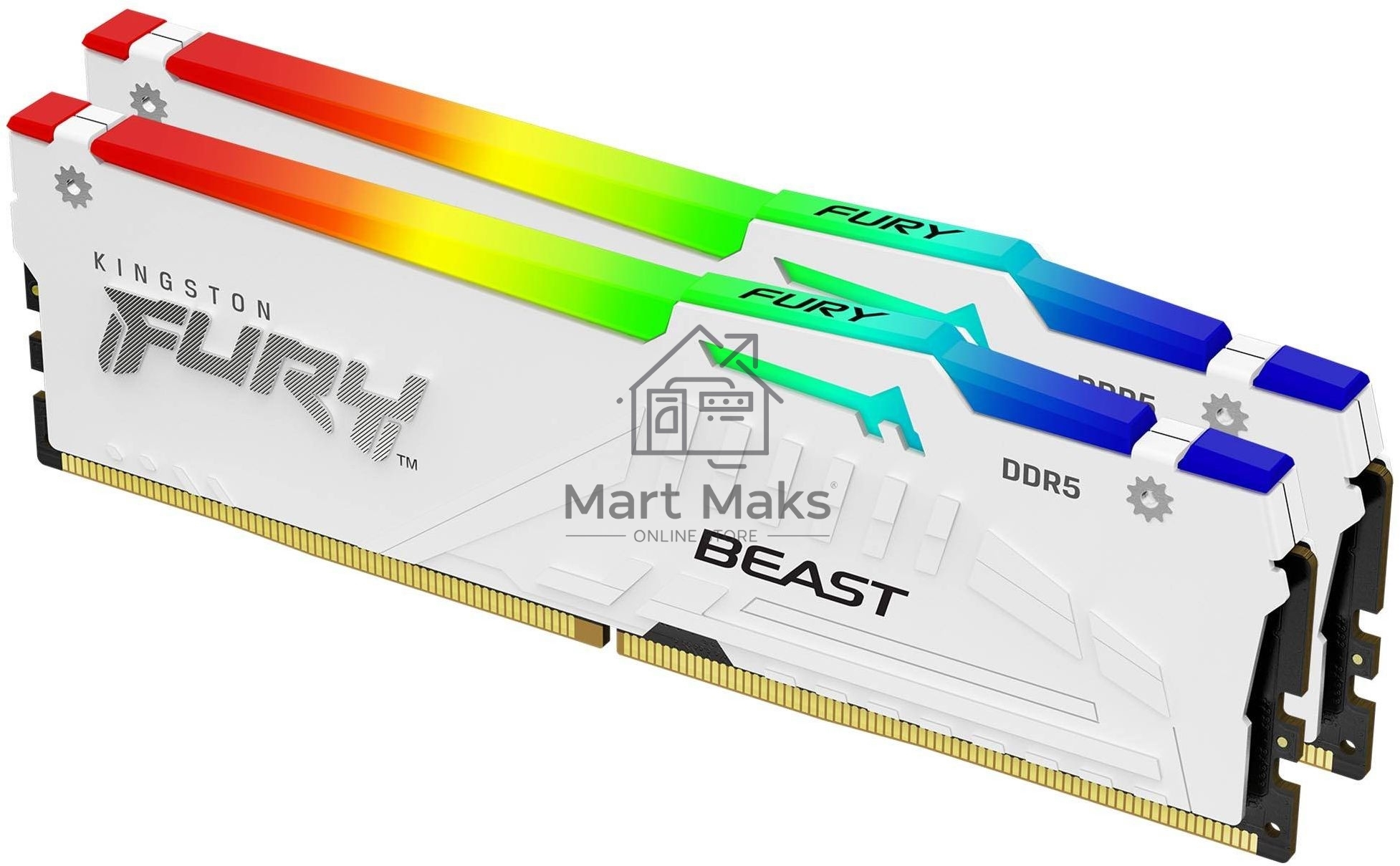 Оперативная память Kingston Fury Beast, DDR5, 64GB (2x32GB), 5600MHz, CL36, DIMM, радиатор, RGB, белый