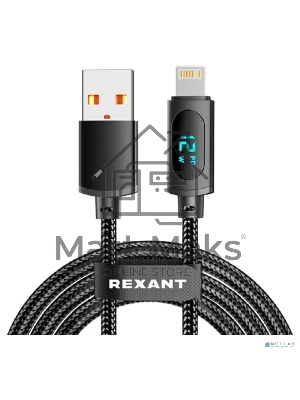 Кабель Rexant USB-A - Lightning для Apple, 2,4А, 1м, в черной нейлоновой оплетке, c LED дисплеем