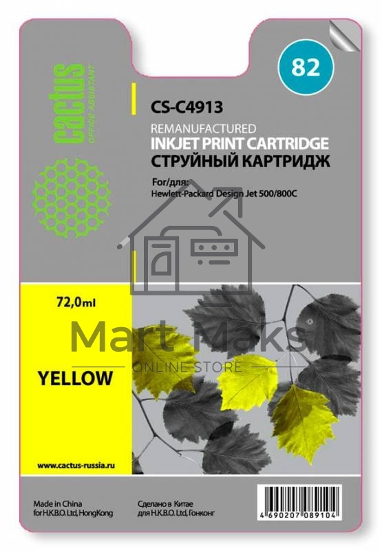 Картридж струйный Cactus CS-C4913 №82 жёлтый (72 мл) для HP Design Jet 500/800C