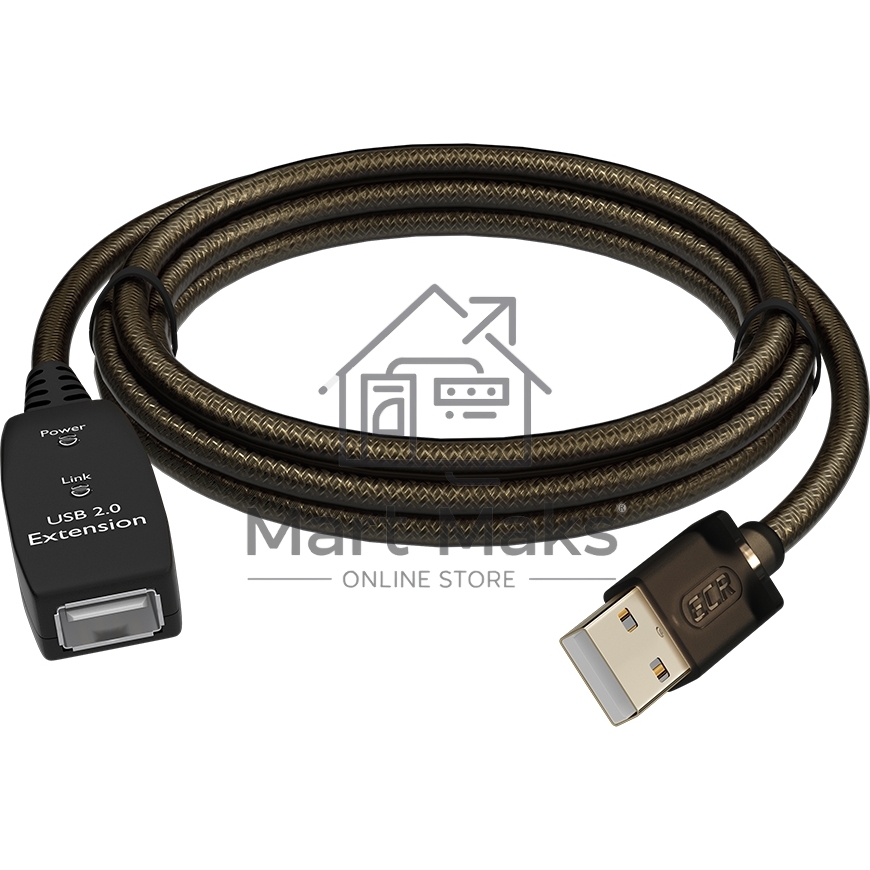 GCR Удлинитель активный 5.0m USB 2.0, AM/AF, GOLD, черно-прозрачный, с усилителем сигнала, разъём для доп.питания, 28/24 AWG