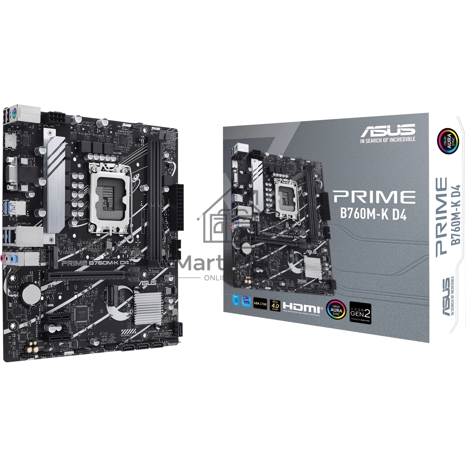 Материнская плата ASUS PRIME B760M-K D4, LGA 1700, Intel B760, 2xDDR4, 4xSATA, 2xM.2, 1xPCIe 4.0 x16, 2xPCIe x1, 1xHDMI, 1xVGA, 1x 2.5Gb LAN, 2xUSB-A 3.2 Gen 1, 2xUSB-A 2.0, 3x3.5 мм, 7.1, mATX