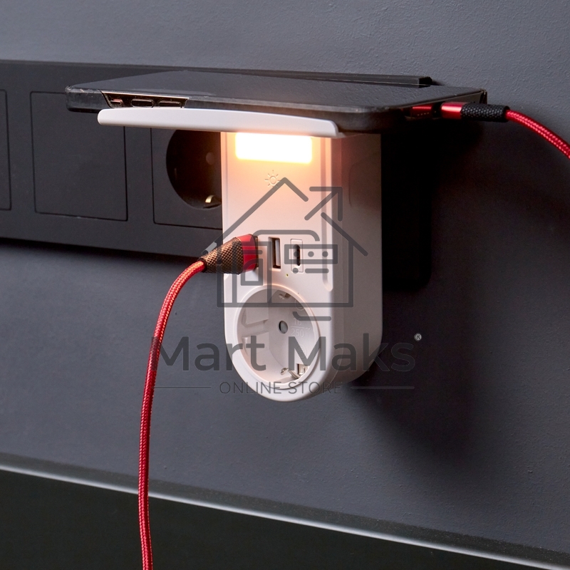 Адаптер USB (2хUSB-A + USB-С) + розетка 220-250В с подсветкой и подставкой для телефона Rexant