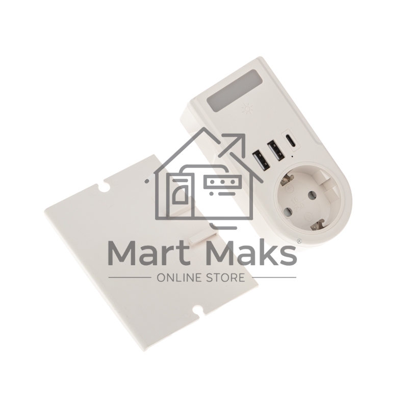 Адаптер USB (2хUSB-A + USB-С) + розетка 220-250В с подсветкой и подставкой для телефона Rexant