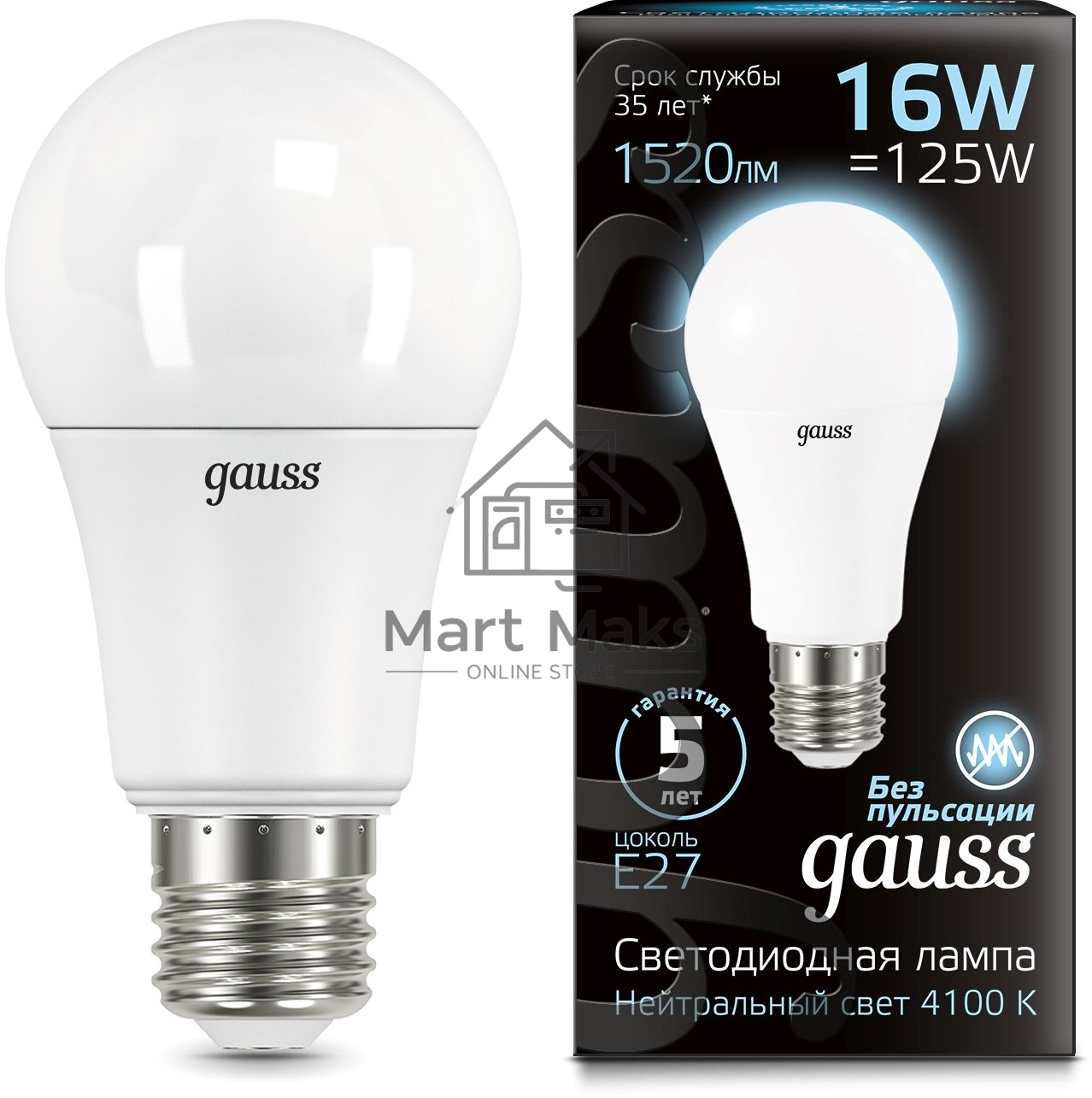 Светодиодная лампа GAUSS 102502216 LED A60 16W E27 1470lm 4100K 1/10/50