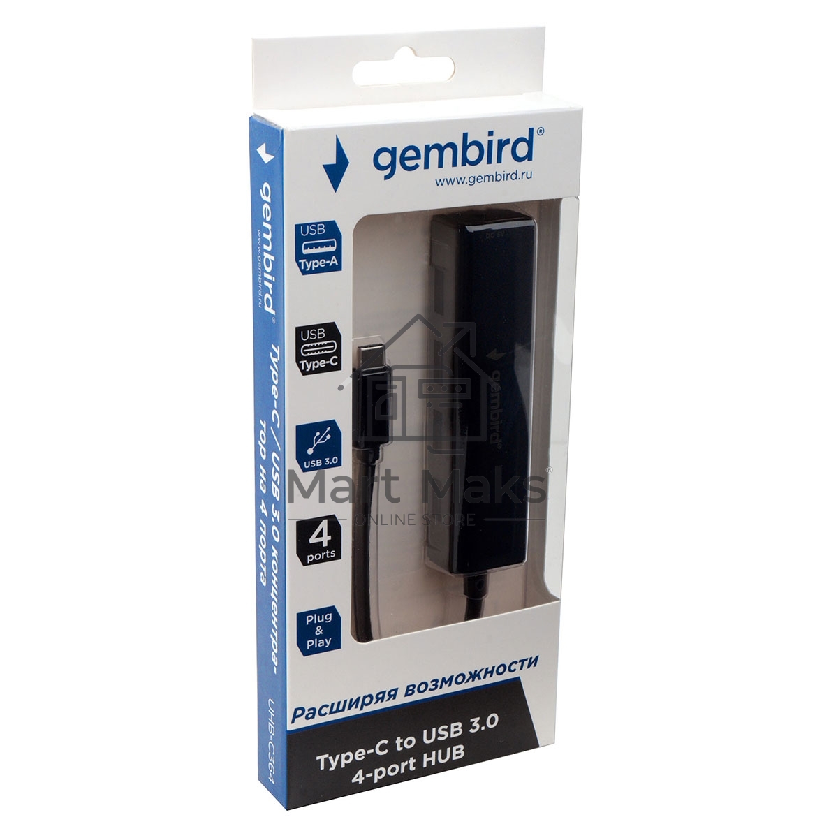 Концентратор USB 3.0 Gembird UHB-C364, 4 порта, Type-C, с доп питанием