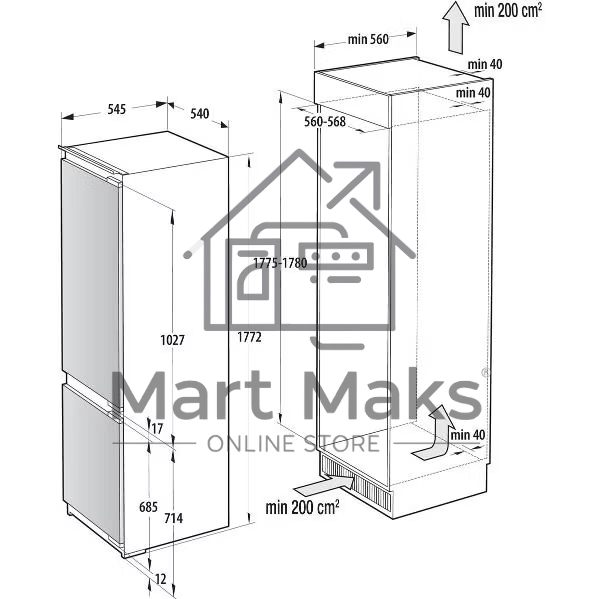 Встраиваемый холодильник Gorenje NRKI517E82WF, полезный объем 244 л, электронное управление, цифровой дисплей, автоматическое размораживание No Frost, быстрое замораживание, интенсивное охлаждение, зона свежести с контролем влажности, инверторный компресс