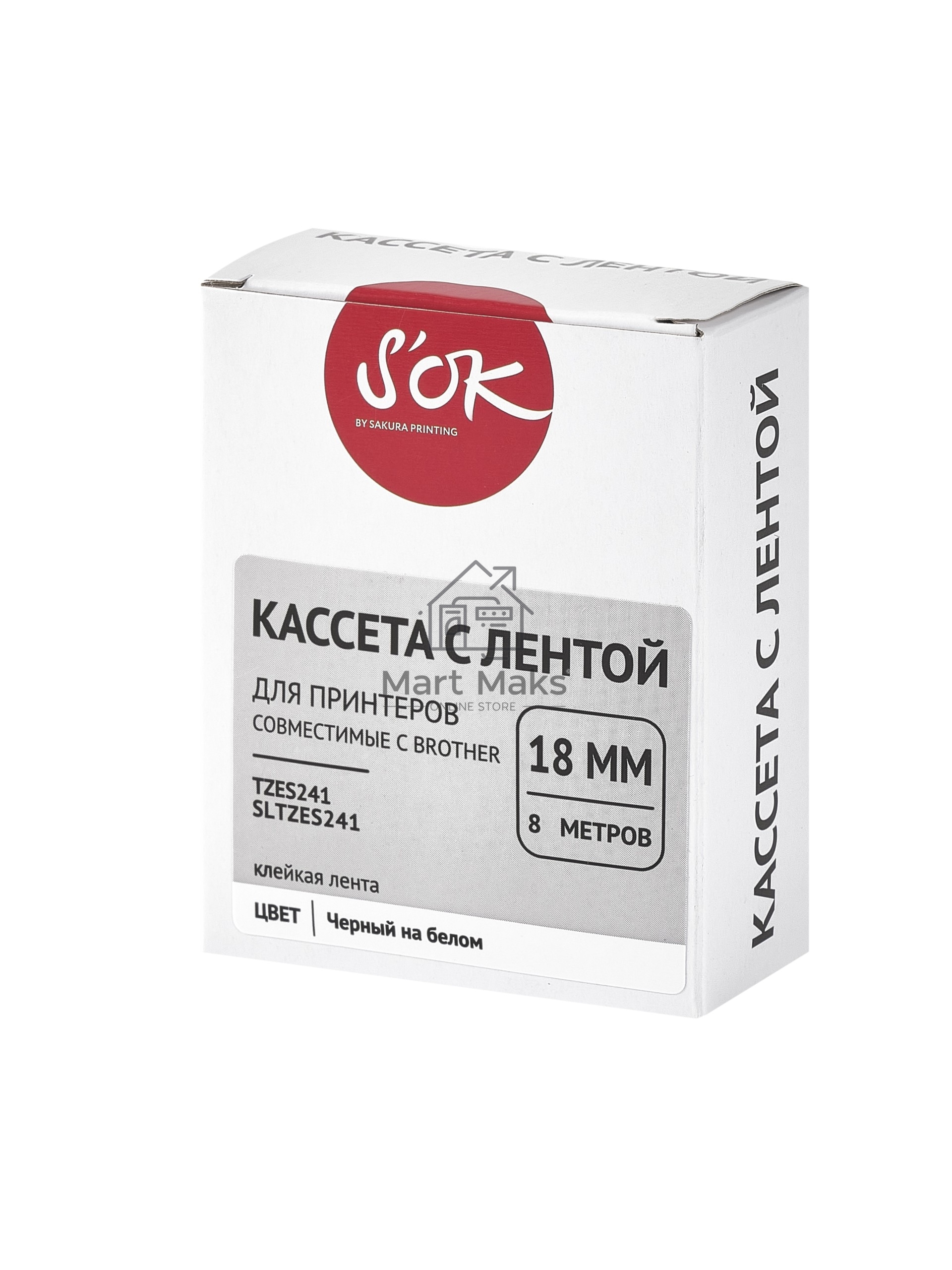 Кассета с лентой S'OK by Sakura Printing TZES241 для Brother, черный на белом, 18мм/8м, наклейка