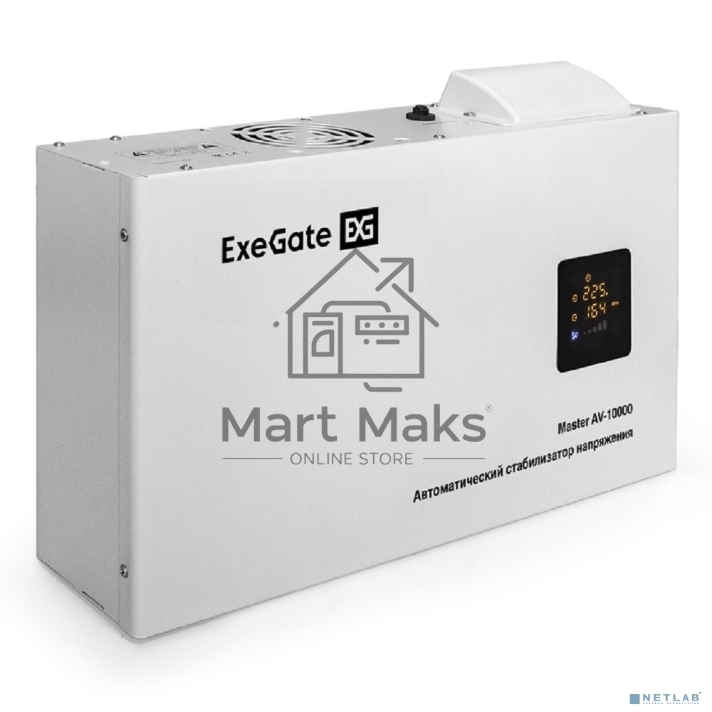 Стабилизатор напряжения ExeGate Master AV-10000 (10000ВА, 140-260В, цветной дисплей, 220В±8%, КПД 98%, 5 уровней защиты, задержка, усиленный метал.корпус, клем.колодка+евророзетка, RTL)
