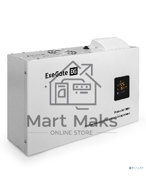 Стабилизатор напряжения ExeGate Master AV-10000 (10000ВА, 140-260В, цветной дисплей, 220В±8%, КПД 98%, 5 уровней защиты, задержка, усиленный метал.корпус, клем.колодка+евророзетка, RTL)