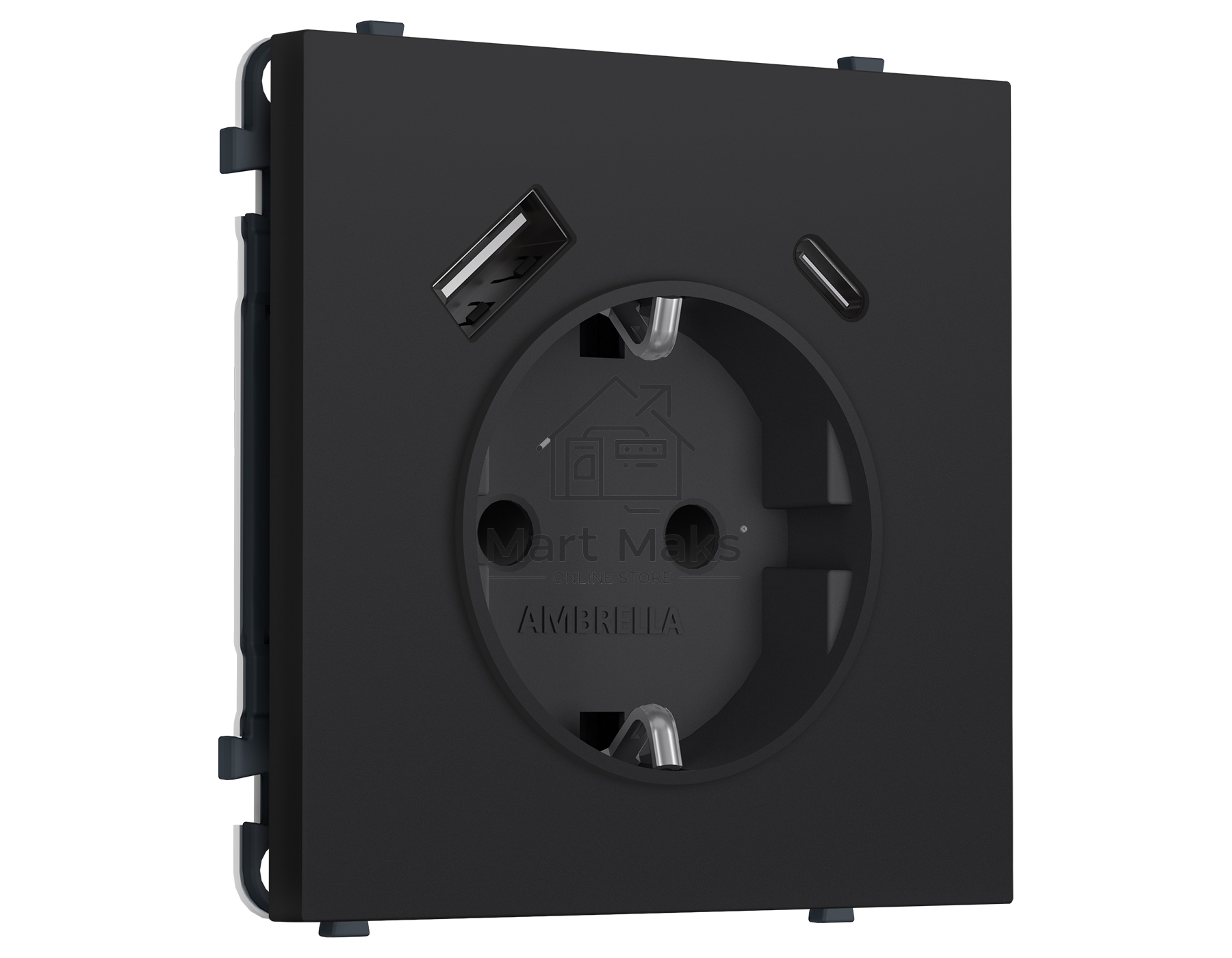 Комплект механизма электрической розетки SIGMA Черный Мягкое касание 2USB A+C 20W (быст. зар.) с/з с/ш 16A-250V QUANT PRO (SP9900, PR160)